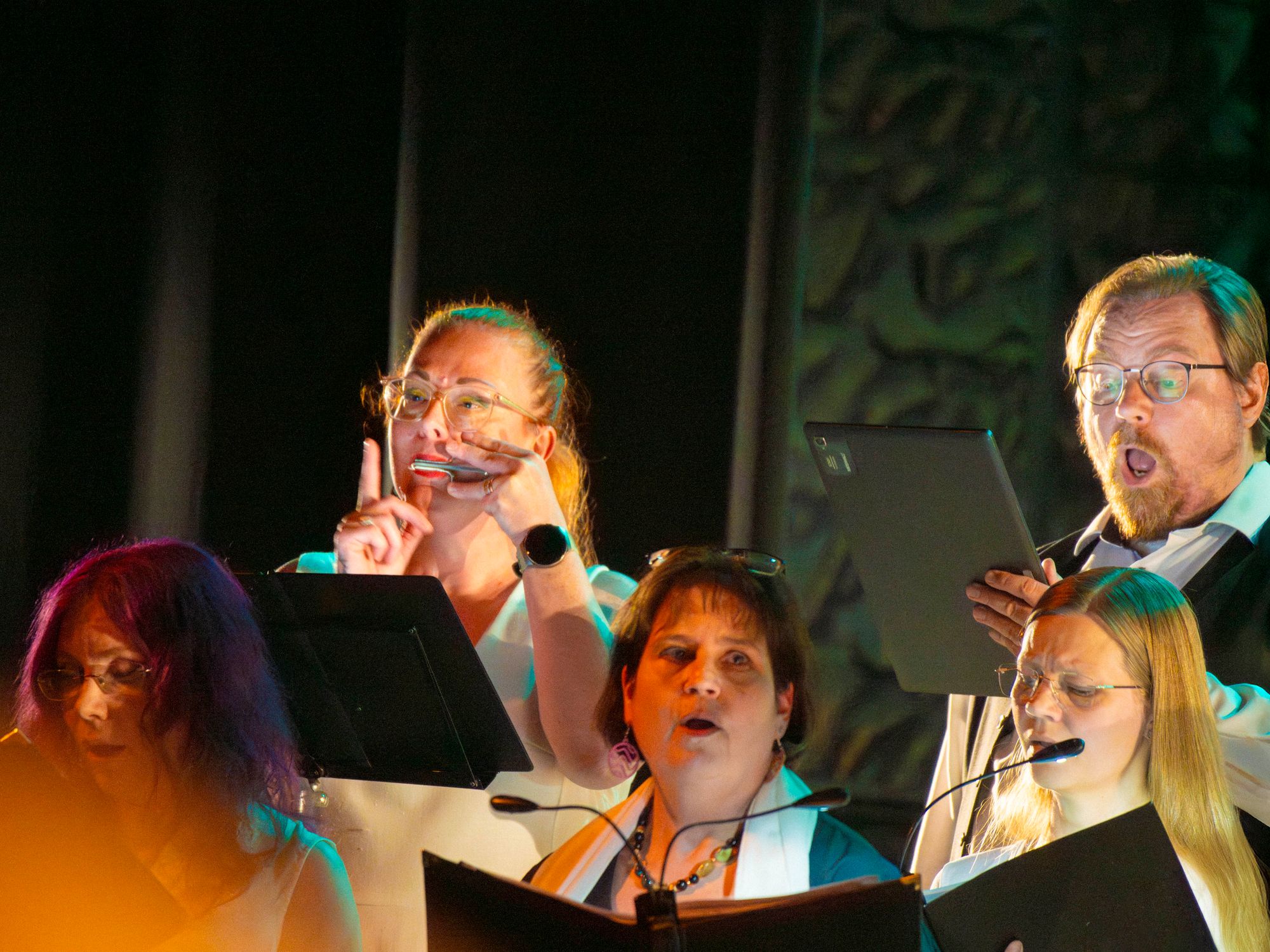 Laulajia esiintymässä, vasemmalla naislaulaja soittaa munniharppua © Tuomas Tenkanen